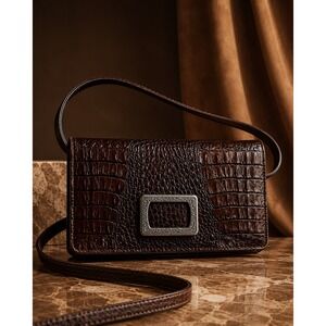 Brighton Brown Croc Embossed Leather Crossbody Shoulder Bag Silver‎ Hardware